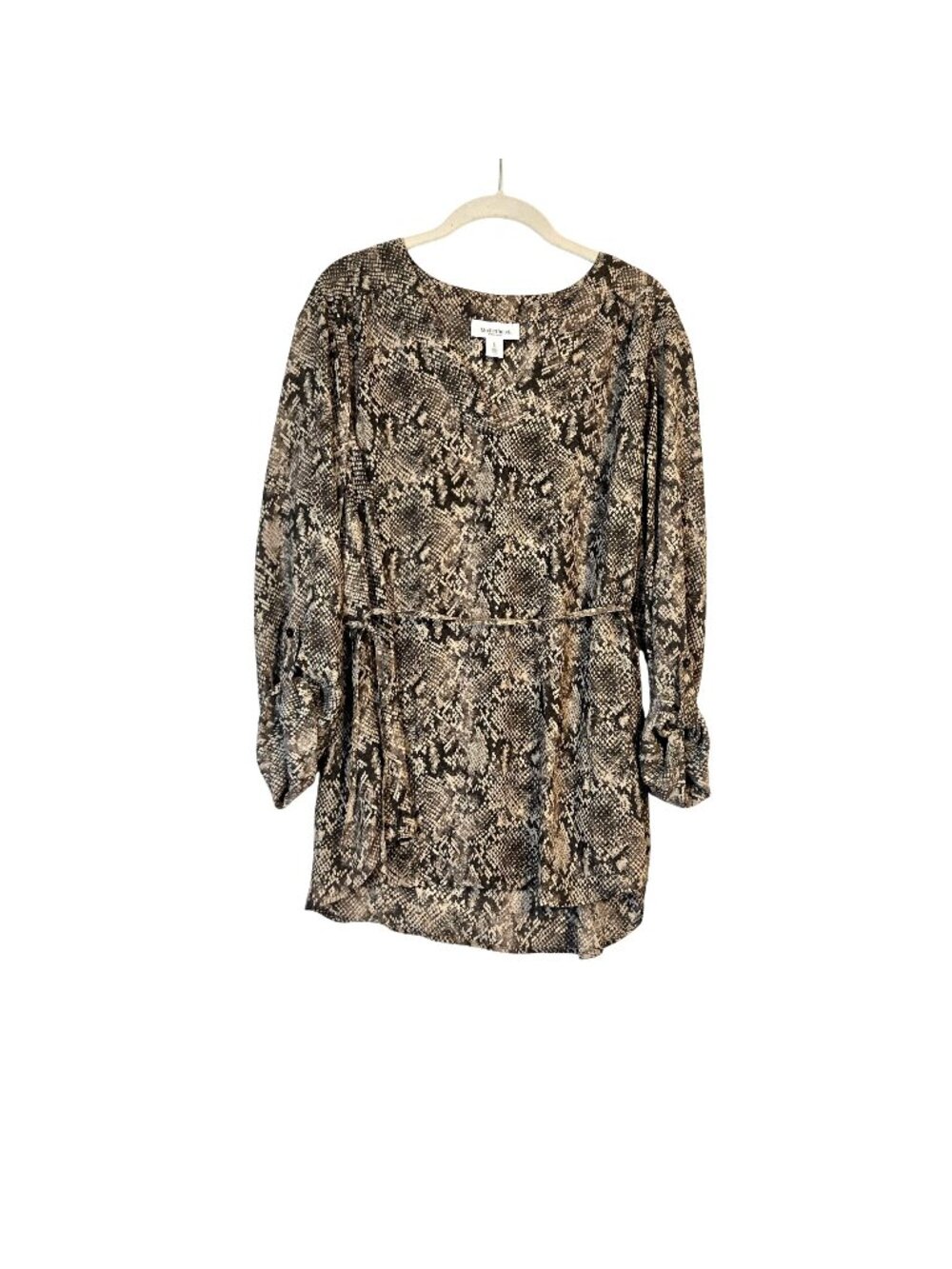 Motherhood Maternity Snake Print V Neck Roll Tab Sleeve Belted Blouse Size Large